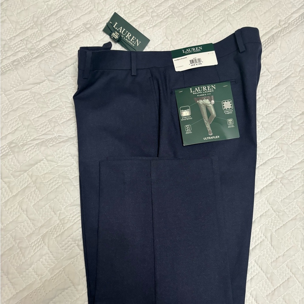 NWT RALPH LAUREN Classic Fit UltraFlex Stretch Navy Flat Dress Pants 36 x 30